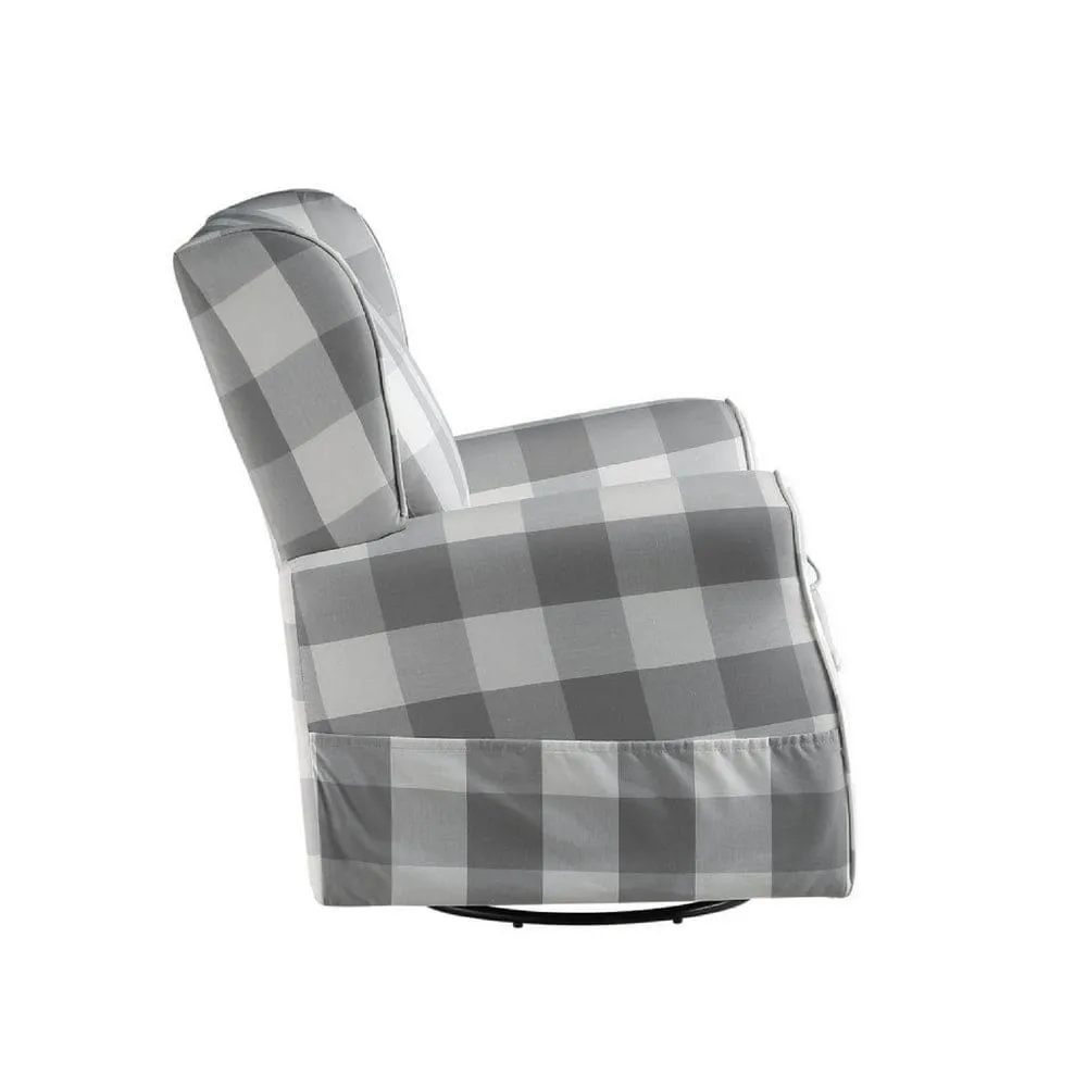 35 Inch Accent Swivel Chair, Glider, Checkered Fabric, Light Gray By Casagear Home