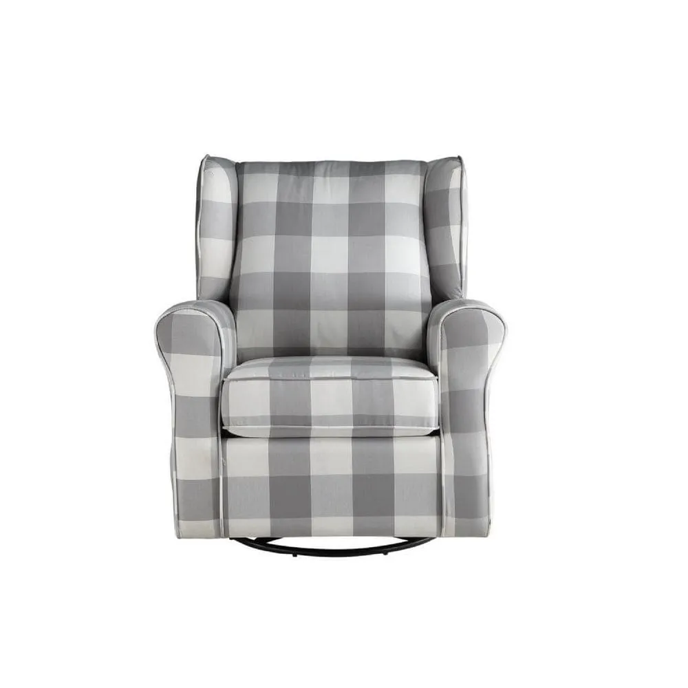 35 Inch Accent Swivel Chair, Glider, Checkered Fabric, Light Gray By Casagear Home