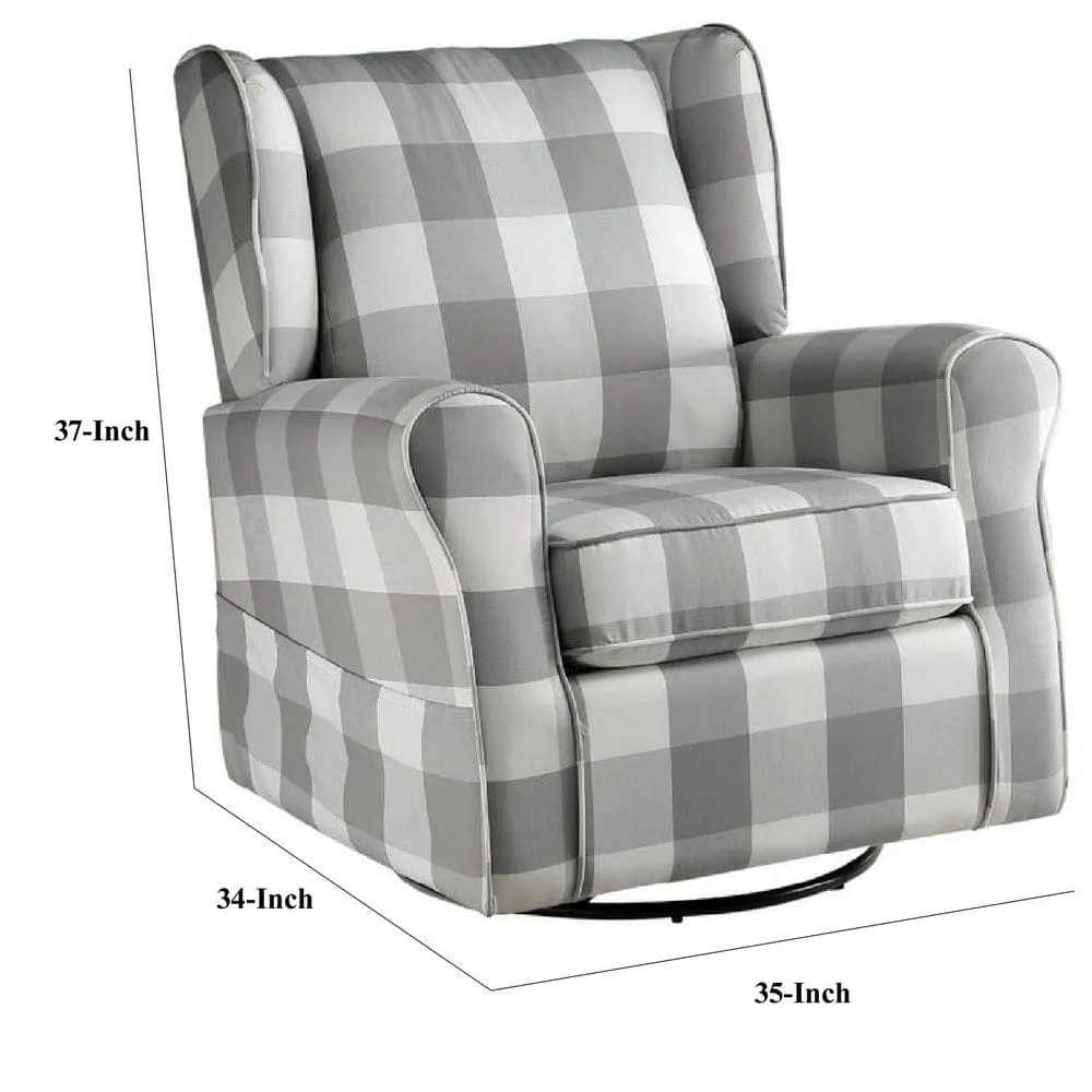 35 Inch Accent Swivel Chair, Glider, Checkered Fabric, Light Gray By Casagear Home