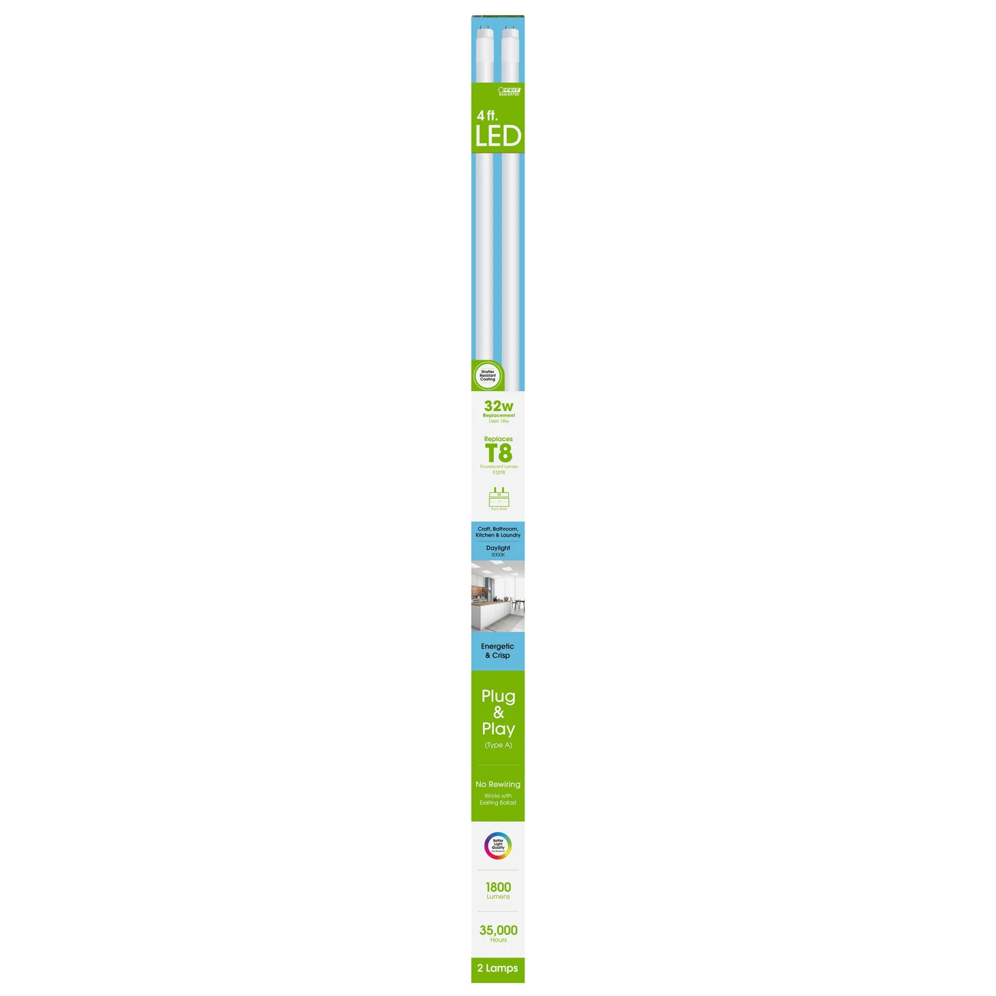 4 ft. 18W (32W Replacement) Daylight (5000K) T8 Direct Replacement (Type A) LED Light Bulb (2-Pack)