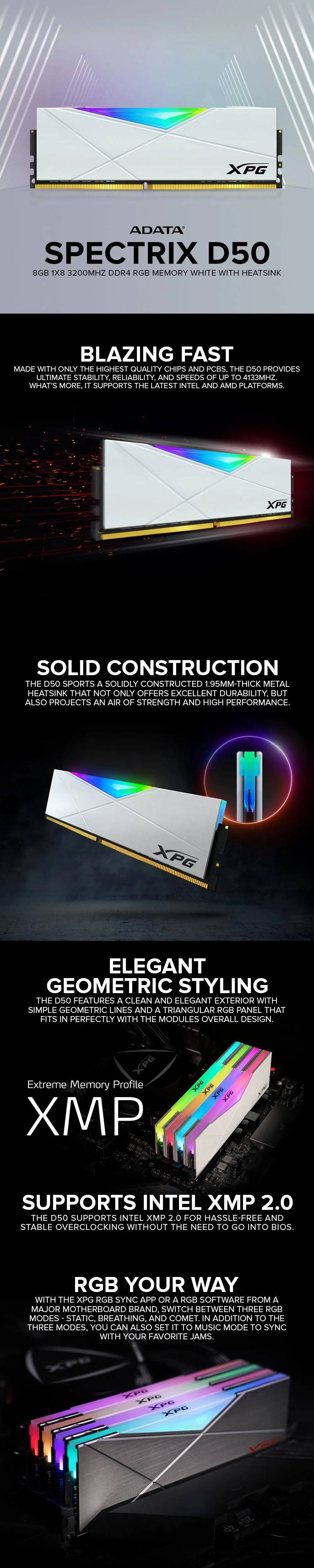 Adata Spectrix D50 8gb 1x8 3200mhz Ddr4 RGB Memory White with Heatsink