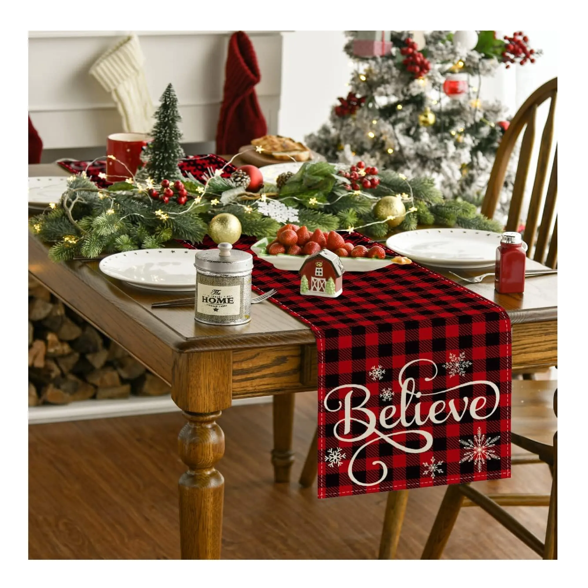 Artoid Mode Red and Black Buffalo Plaid Believe Table Runner, Seasonal Winter Christmas Holiday Kitchen Dining Table Decoration for Indoor Outdoor Home Party Decor 13 x 36 Inch
