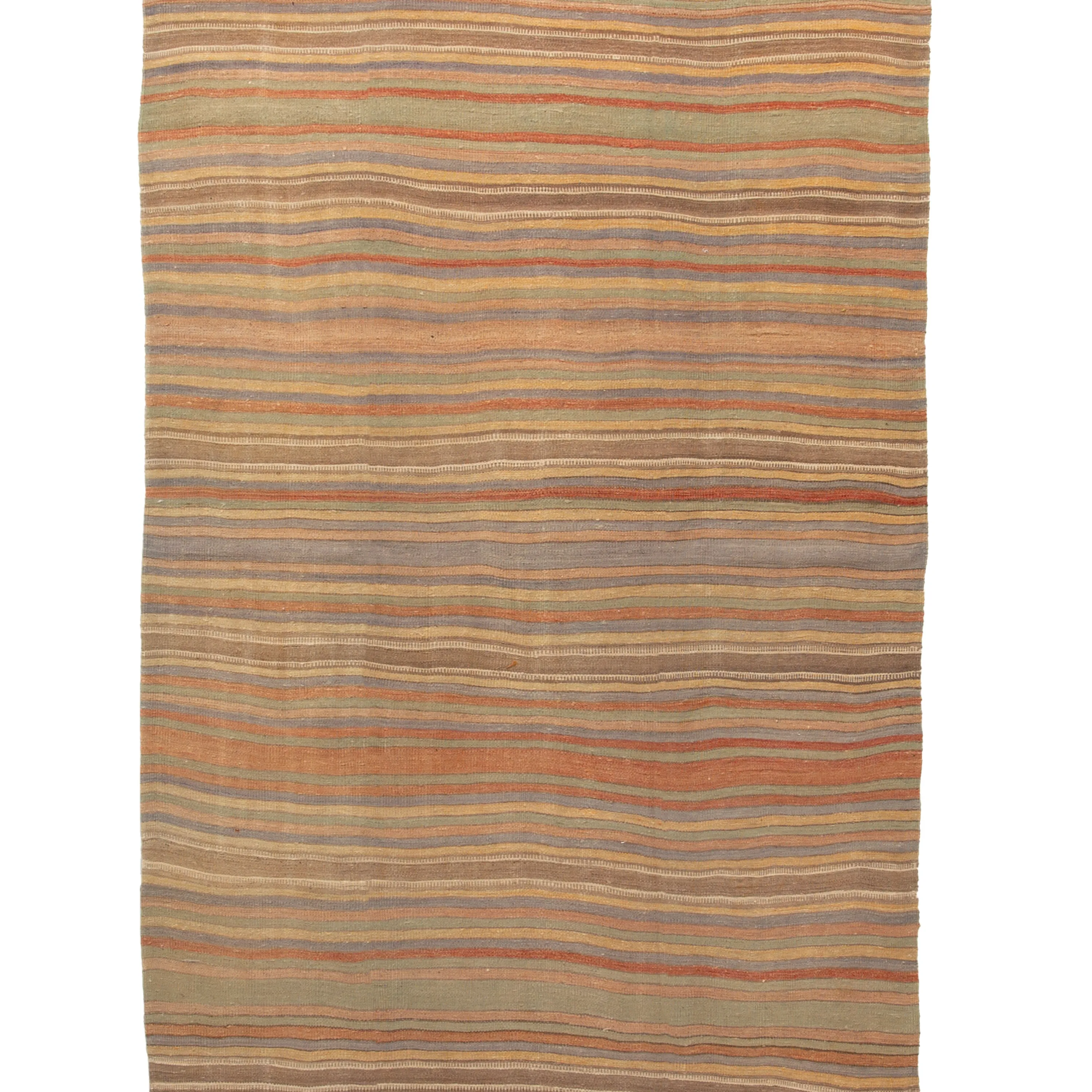 Brown Vintage Stripe Anatolian Wool Flatweave Runer - 5'1" x 13'6"