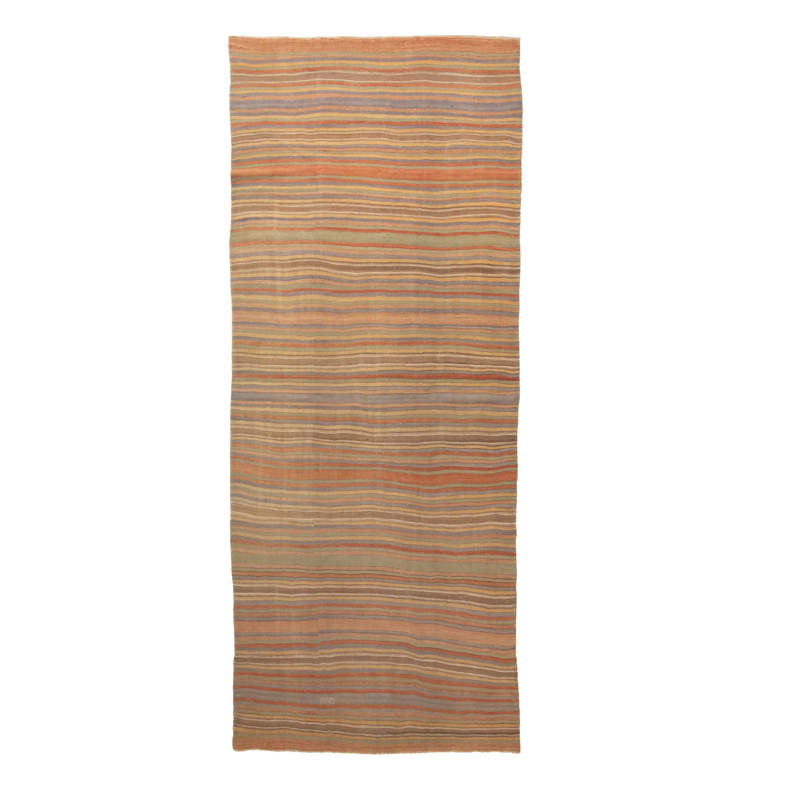 Brown Vintage Stripe Anatolian Wool Flatweave Runer - 5'1" x 13'6"