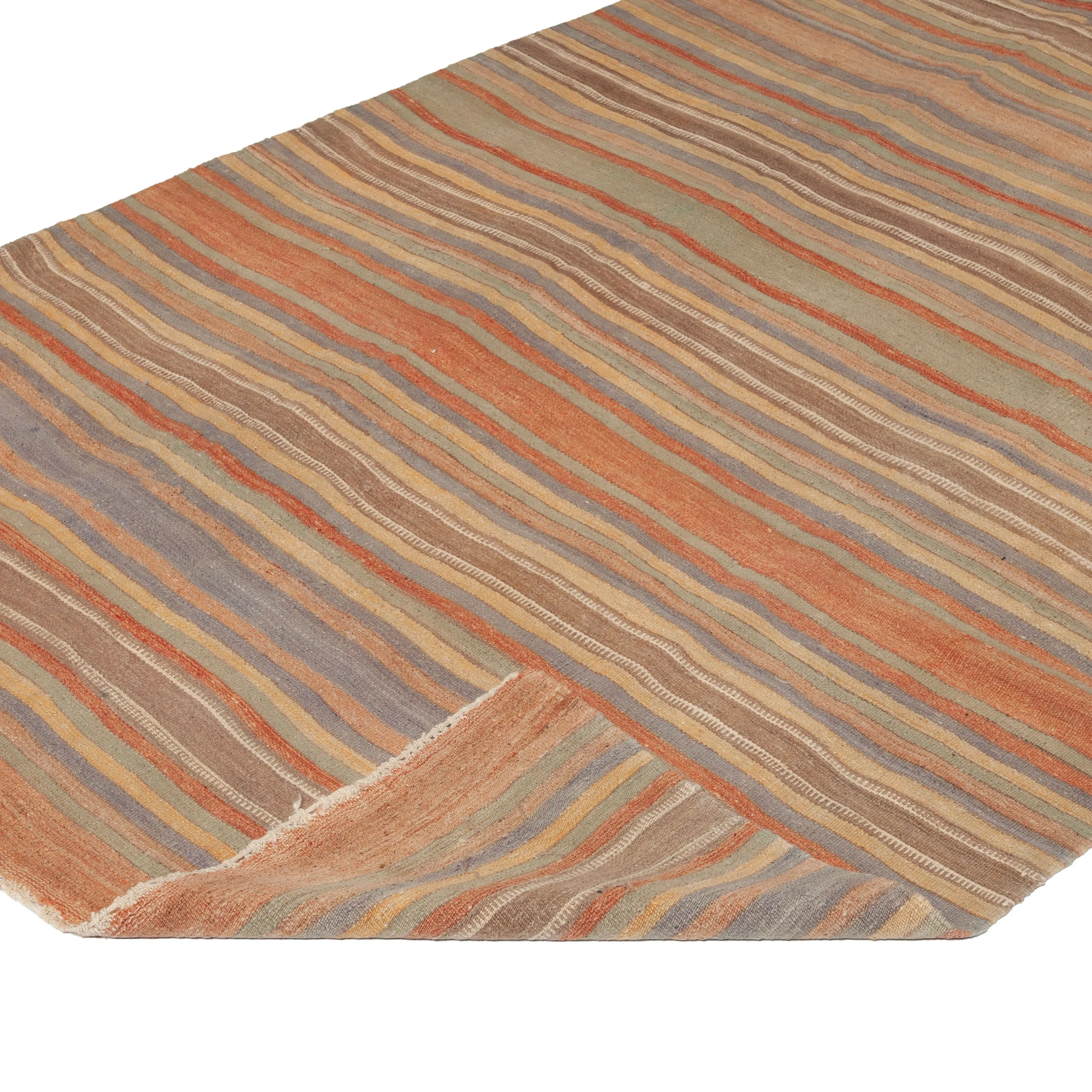 Brown Vintage Stripe Anatolian Wool Flatweave Runer - 5'1" x 13'6"