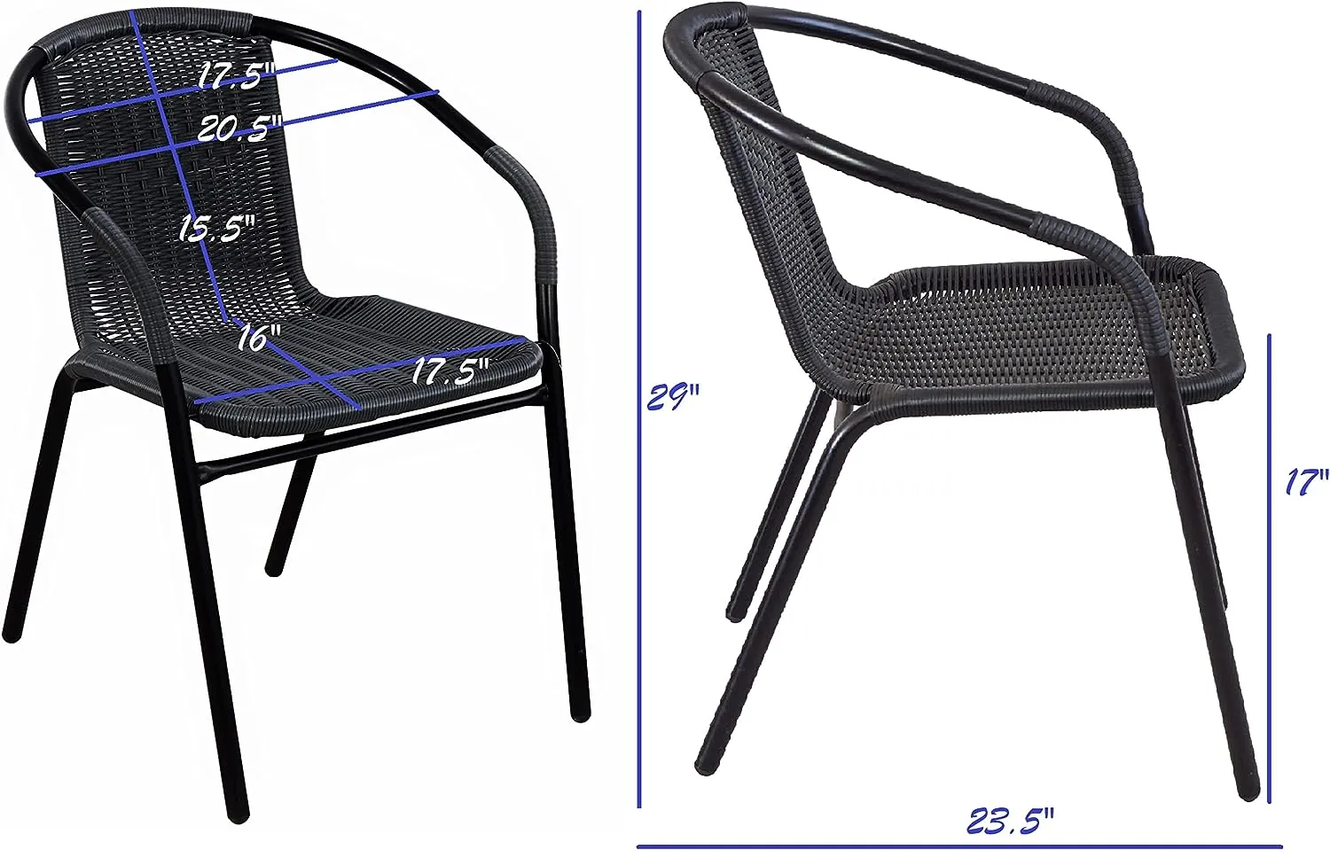 BTExpert Indoor Outdoor 27.5" Square Restaurant Table Stainless Steel Silver Aluminum   2 Black Restaurant Rattan Stack Chairs Commercial Lightweight