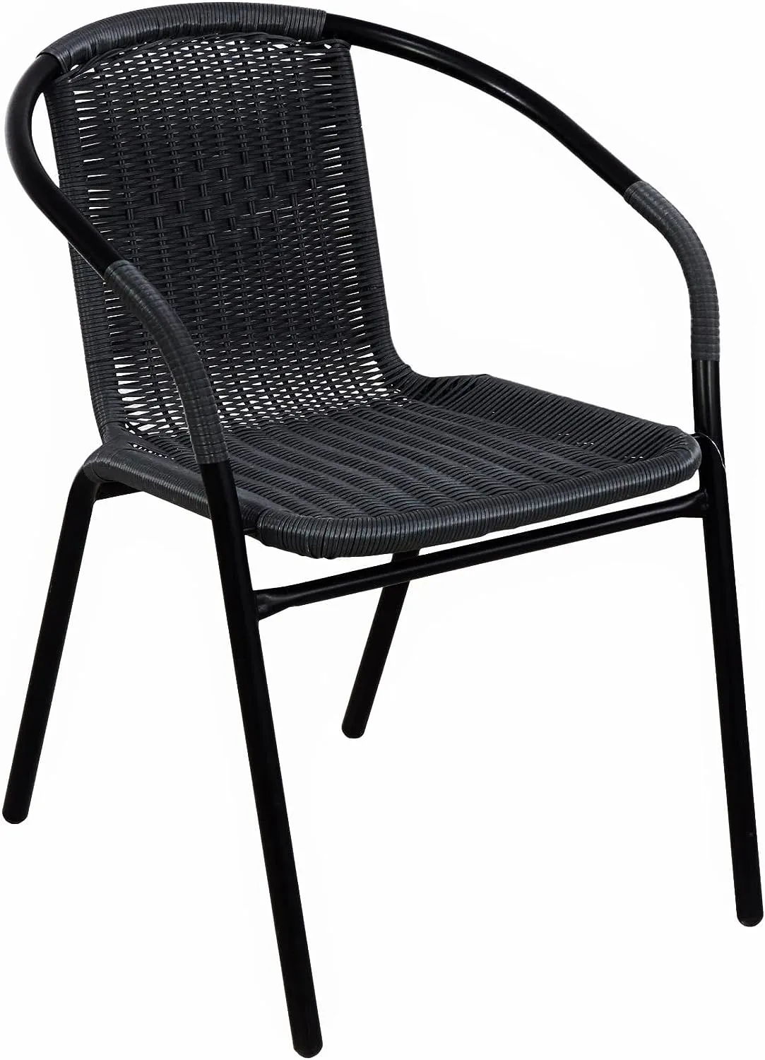 BTExpert Indoor Outdoor 27.5" Square Restaurant Table Stainless Steel Silver Aluminum   2 Black Restaurant Rattan Stack Chairs Commercial Lightweight