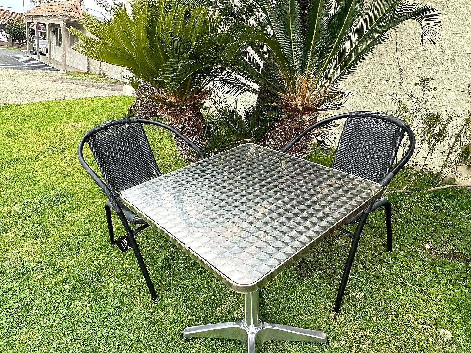 BTExpert Indoor Outdoor 27.5" Square Restaurant Table Stainless Steel Silver Aluminum   2 Black Restaurant Rattan Stack Chairs Commercial Lightweight