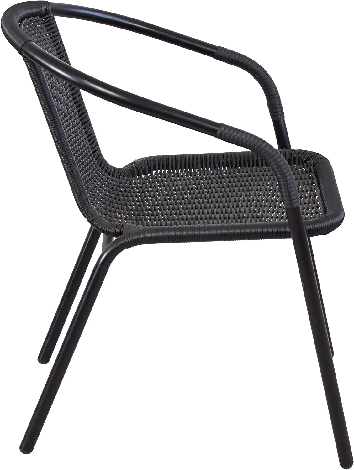 BTExpert Indoor Outdoor 27.5" Square Restaurant Table Stainless Steel Silver Aluminum   2 Black Restaurant Rattan Stack Chairs Commercial Lightweight