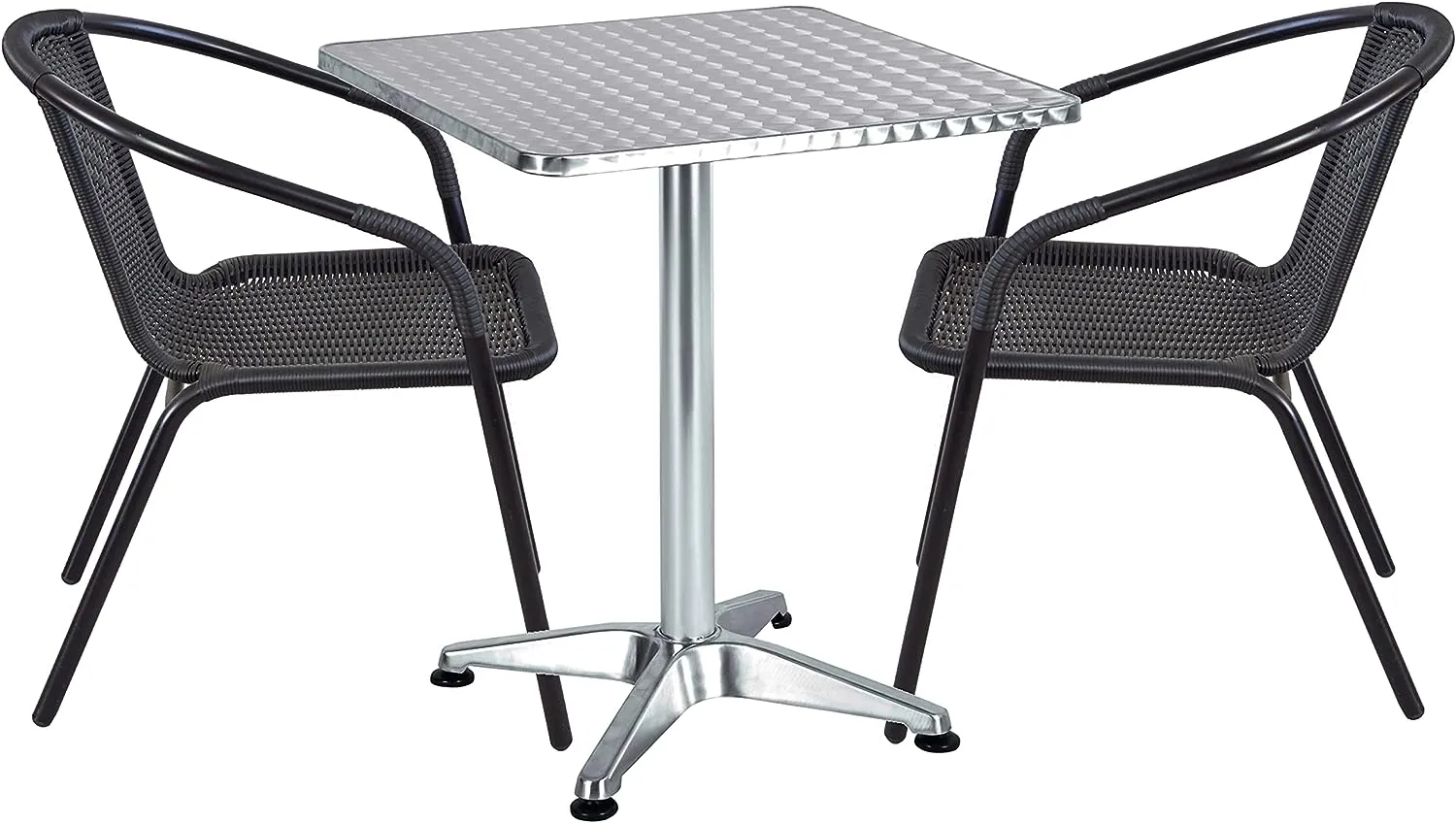 BTExpert Indoor Outdoor 27.5" Square Restaurant Table Stainless Steel Silver Aluminum   2 Black Restaurant Rattan Stack Chairs Commercial Lightweight