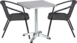 BTExpert Indoor Outdoor 27.5" Square Restaurant Table Stainless Steel Silver Aluminum   2 Black Restaurant Rattan Stack Chairs Commercial Lightweight