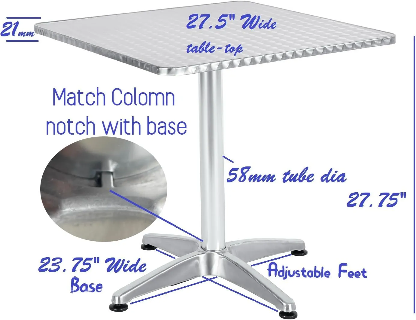BTExpert Indoor Outdoor 27.5" Square Restaurant Table Stainless Steel Silver Aluminum   3 Black Restaurant Rattan Stack Chairs Commercial Lightweight
