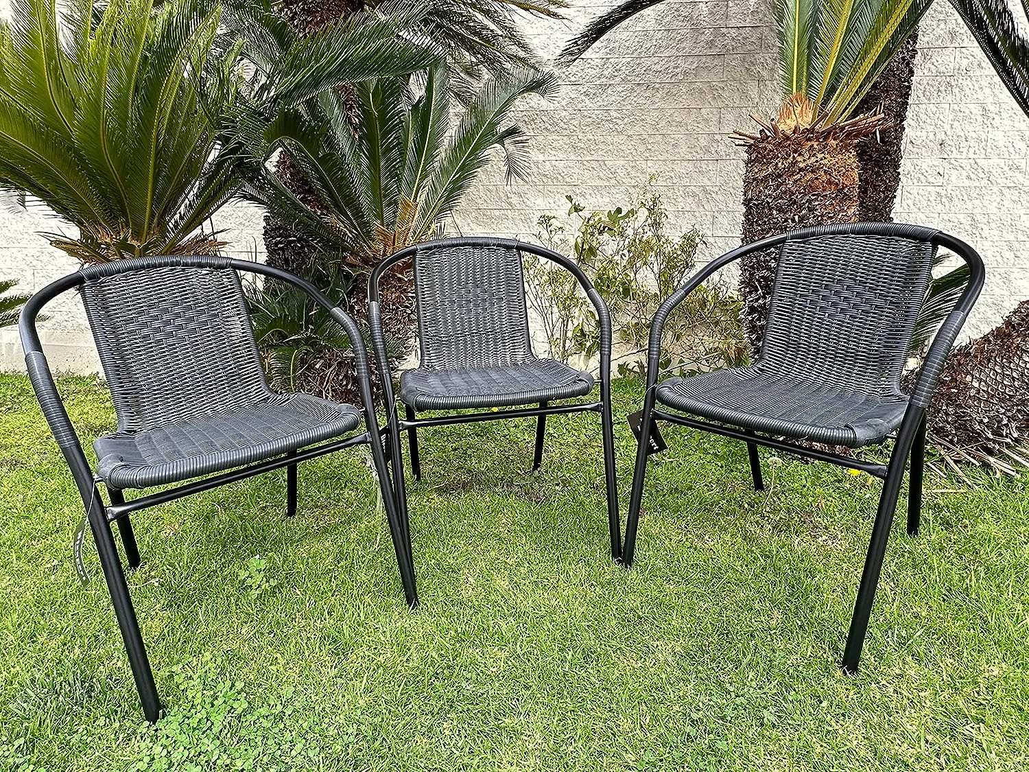 BTExpert Indoor Outdoor 27.5" Square Restaurant Table Stainless Steel Silver Aluminum   3 Black Restaurant Rattan Stack Chairs Commercial Lightweight