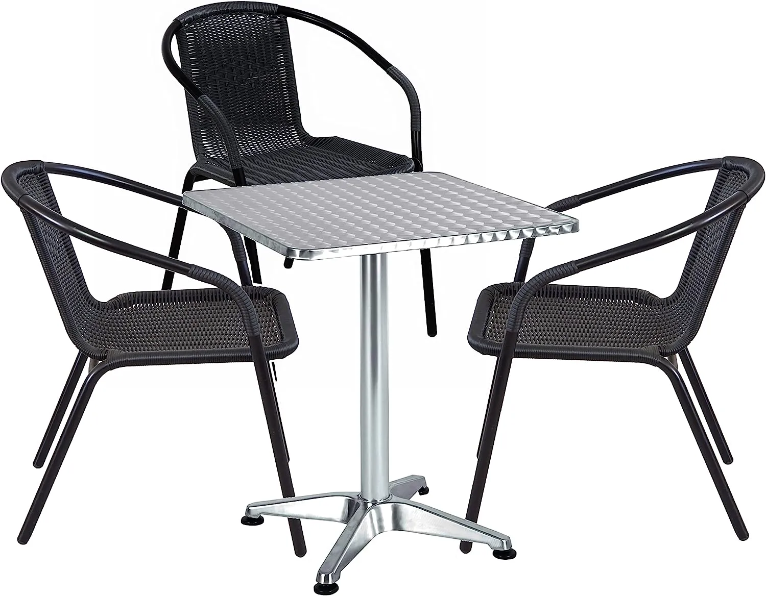BTExpert Indoor Outdoor 27.5" Square Restaurant Table Stainless Steel Silver Aluminum   3 Black Restaurant Rattan Stack Chairs Commercial Lightweight