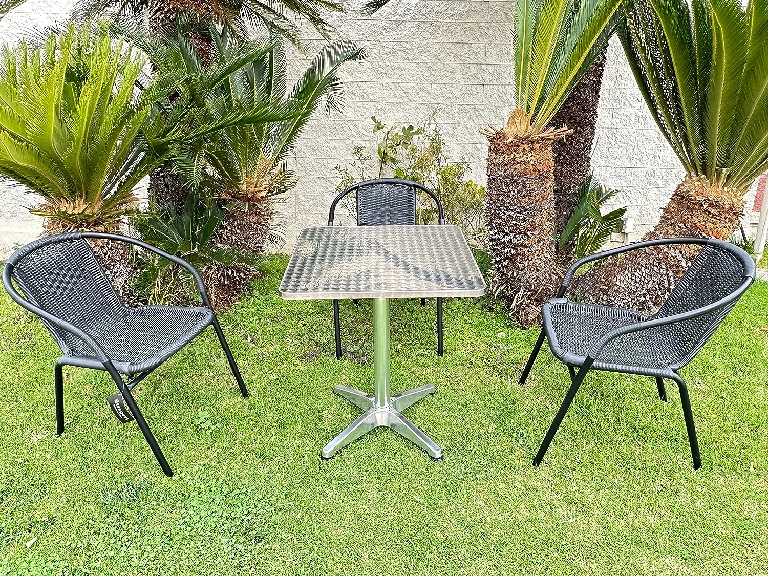 BTExpert Indoor Outdoor 27.5" Square Restaurant Table Stainless Steel Silver Aluminum   3 Black Restaurant Rattan Stack Chairs Commercial Lightweight