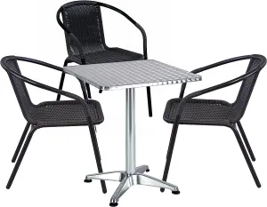 BTExpert Indoor Outdoor 27.5" Square Restaurant Table Stainless Steel Silver Aluminum   3 Black Restaurant Rattan Stack Chairs Commercial Lightweight