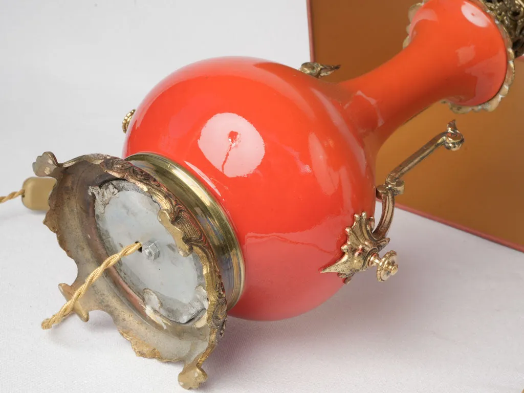 Chic Pair of Persimmon Orange Ceramic Napoleon III Lamps w/ Bronze Accents 25¼"