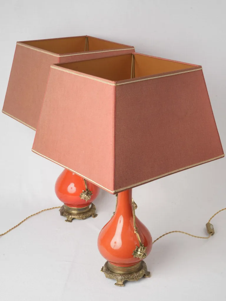 Chic Pair of Persimmon Orange Ceramic Napoleon III Lamps w/ Bronze Accents 25¼"