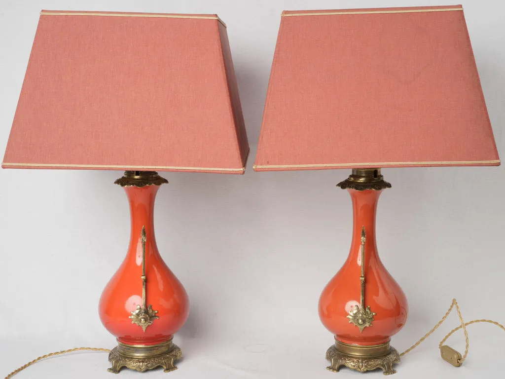 Chic Pair of Persimmon Orange Ceramic Napoleon III Lamps w/ Bronze Accents 25¼"