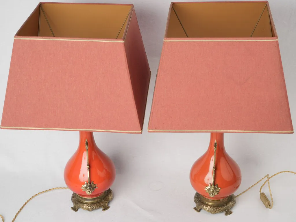 Chic Pair of Persimmon Orange Ceramic Napoleon III Lamps w/ Bronze Accents 25¼"