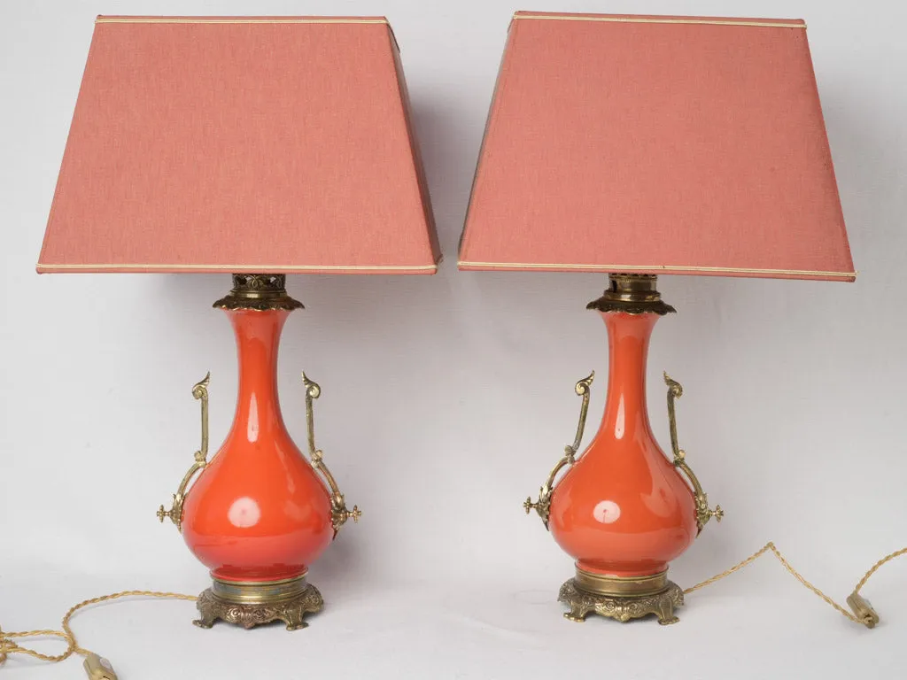 Chic Pair of Persimmon Orange Ceramic Napoleon III Lamps w/ Bronze Accents 25¼"