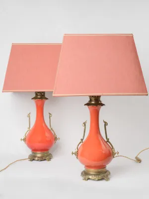Chic Pair of Persimmon Orange Ceramic Napoleon III Lamps w/ Bronze Accents 25¼"