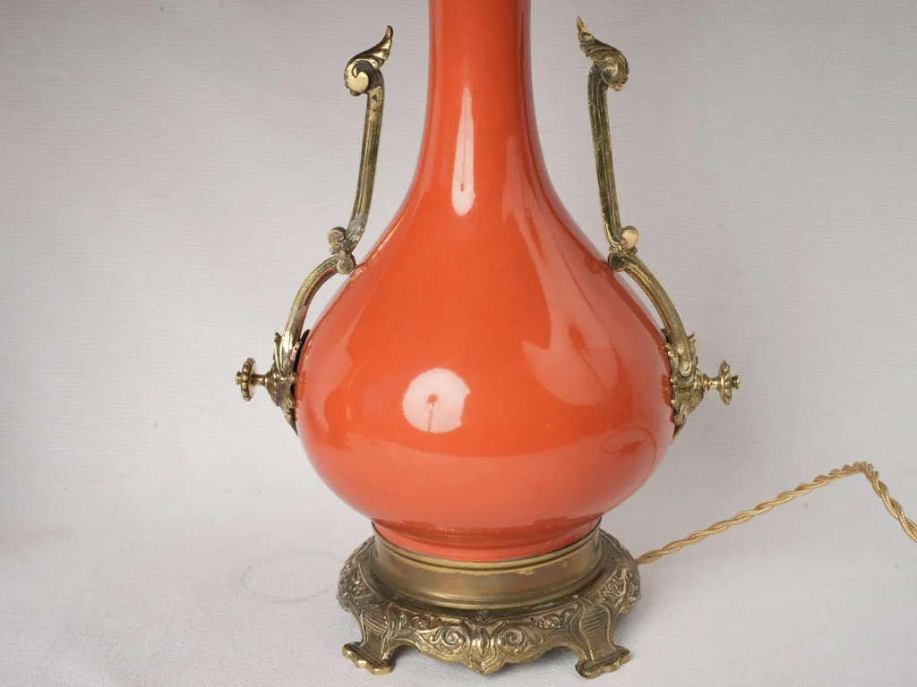 Chic Pair of Persimmon Orange Ceramic Napoleon III Lamps w/ Bronze Accents 25¼"