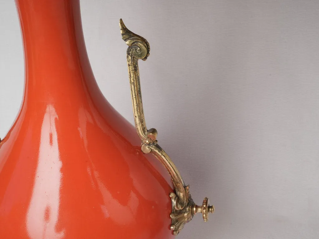 Chic Pair of Persimmon Orange Ceramic Napoleon III Lamps w/ Bronze Accents 25¼"