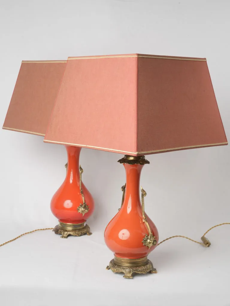 Chic Pair of Persimmon Orange Ceramic Napoleon III Lamps w/ Bronze Accents 25¼"