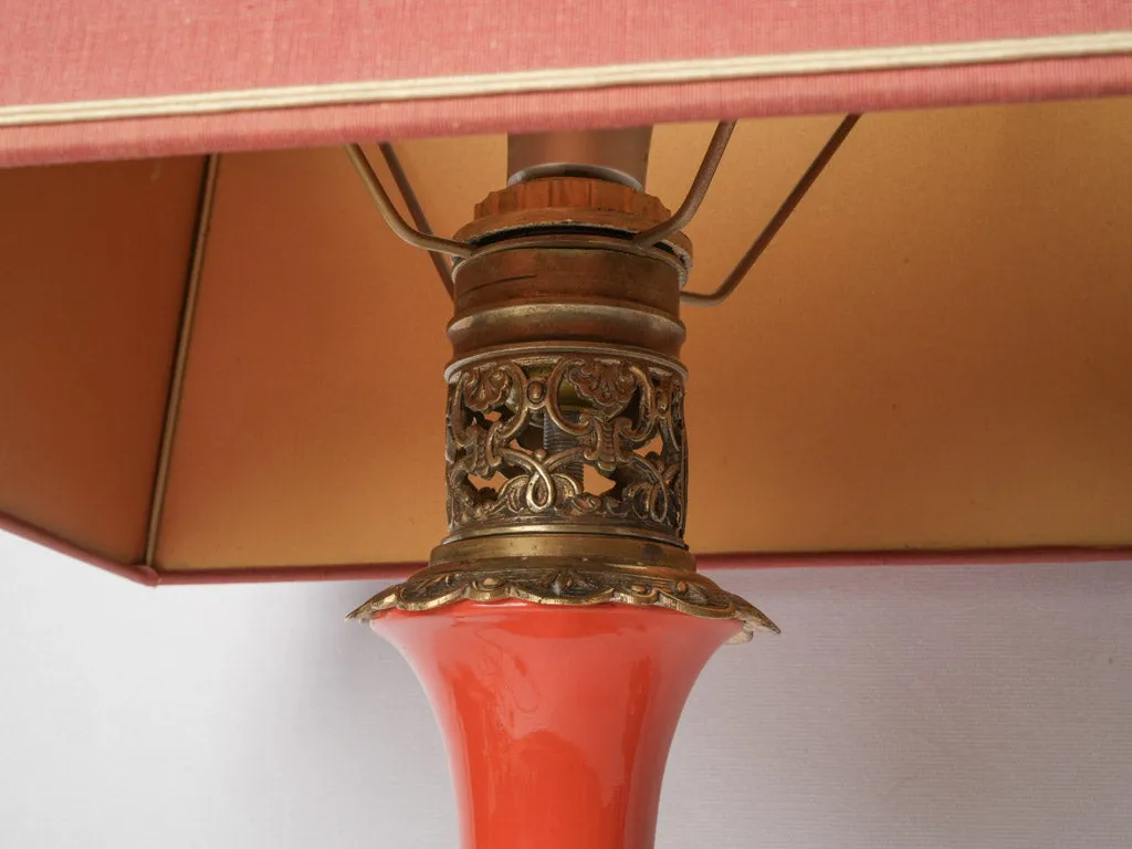 Chic Pair of Persimmon Orange Ceramic Napoleon III Lamps w/ Bronze Accents 25¼"