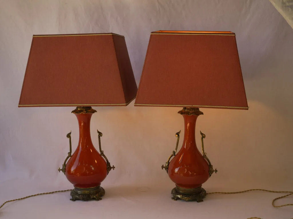 Chic Pair of Persimmon Orange Ceramic Napoleon III Lamps w/ Bronze Accents 25¼"