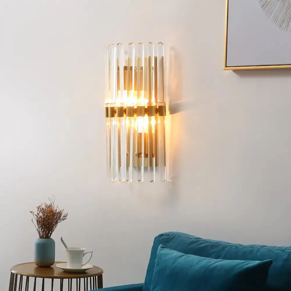 Clear Crystal Half-Cylindrical Wall Sconce Lamp: Contemporary Brass Finish Lighting for Bedroom