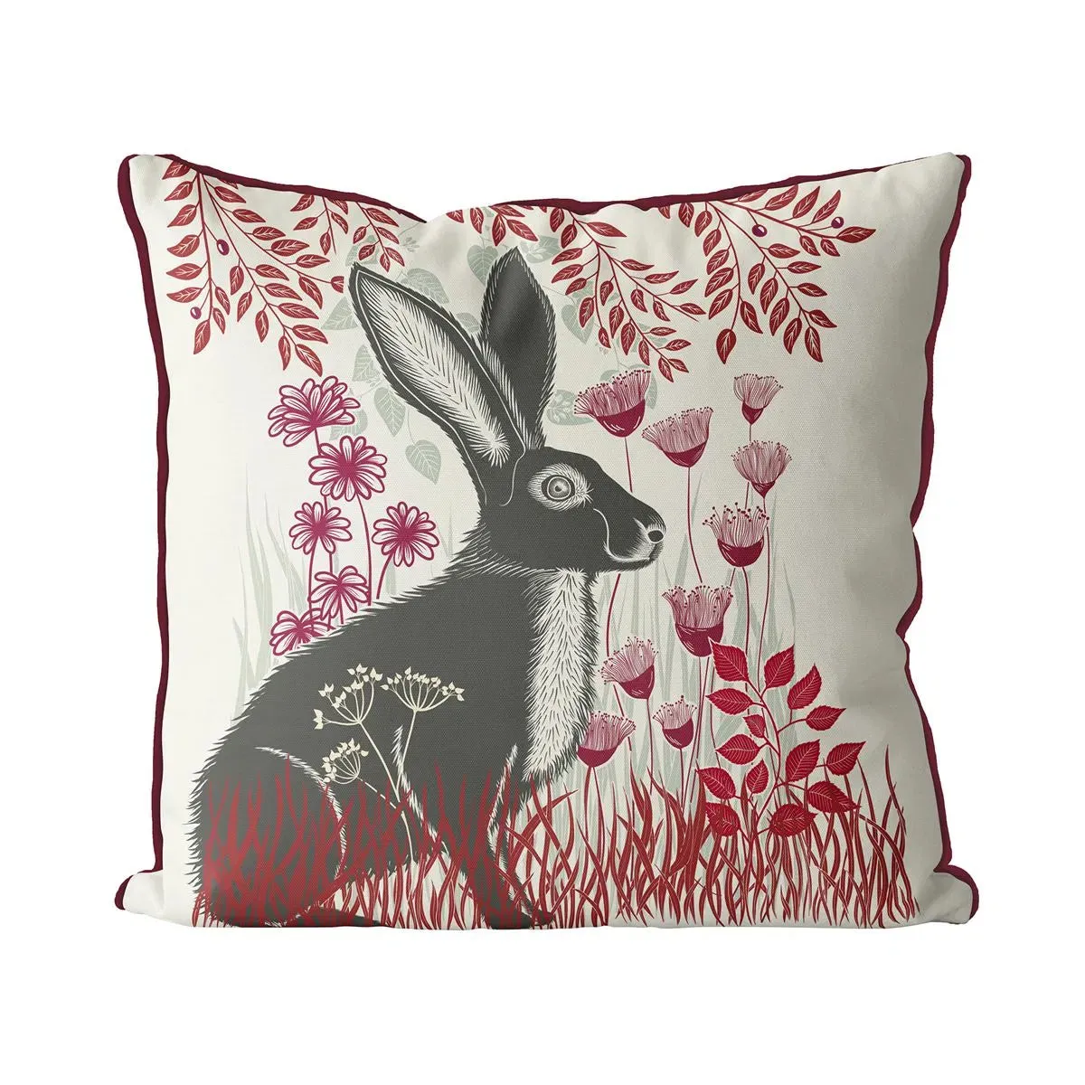 Country Lane Hare Pillow Sitting - Ruby Red 18"x18"