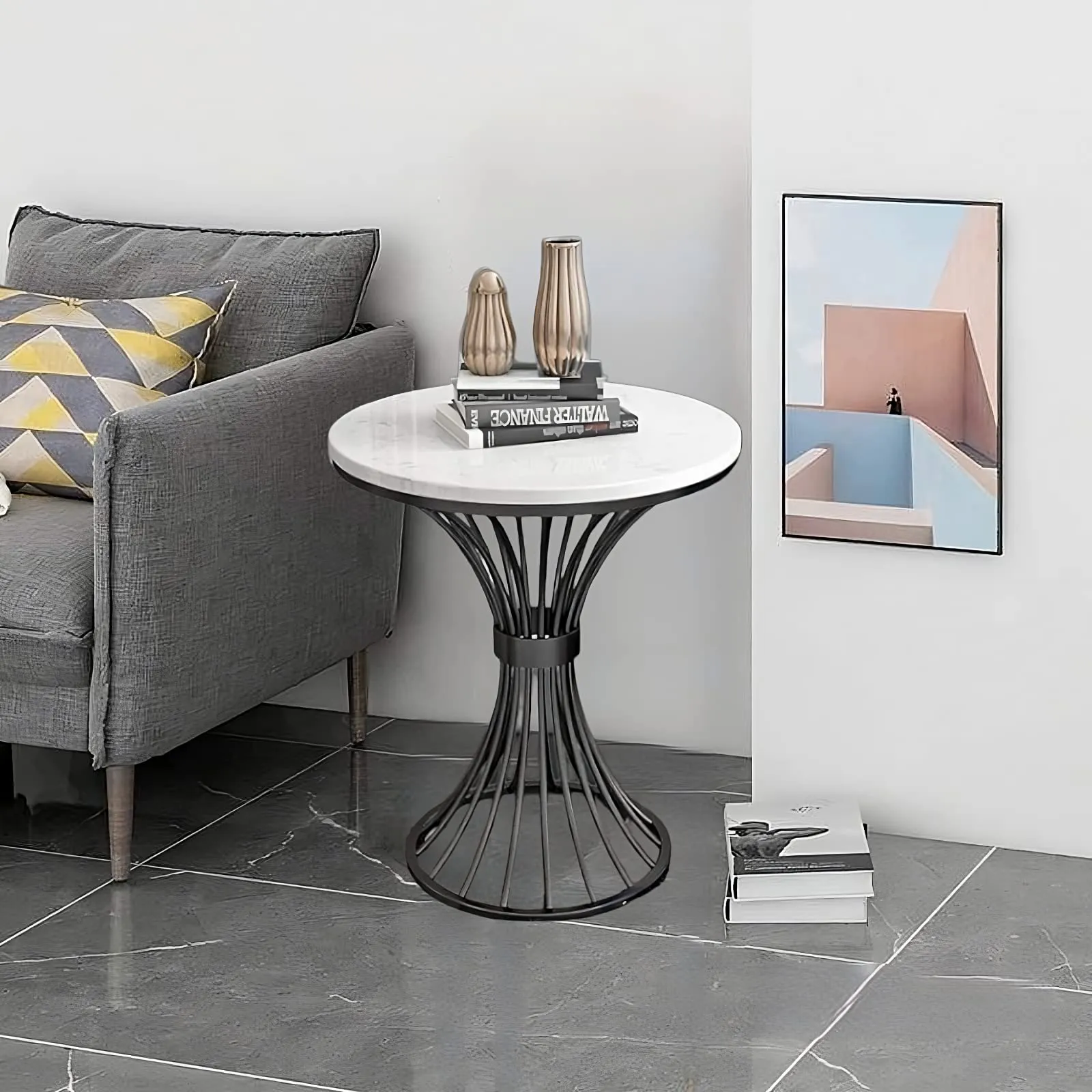 CREATIVE SKILLS Round Coffee Table Side Table Modern Home Decor Tea End Table for Living Room Bedroom and Balcony (Black White)