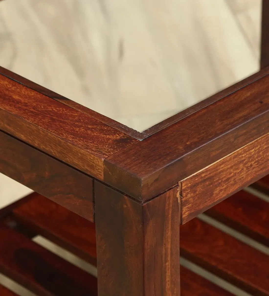DEMIWALL Solid Sheesham Wood Rectangular Center Coffee Table for Living Room | Wooden Sofa Centre Tea Table with Glass Top & Shelf Storage for Home & Office | Rosewood, Honey Oak Finish