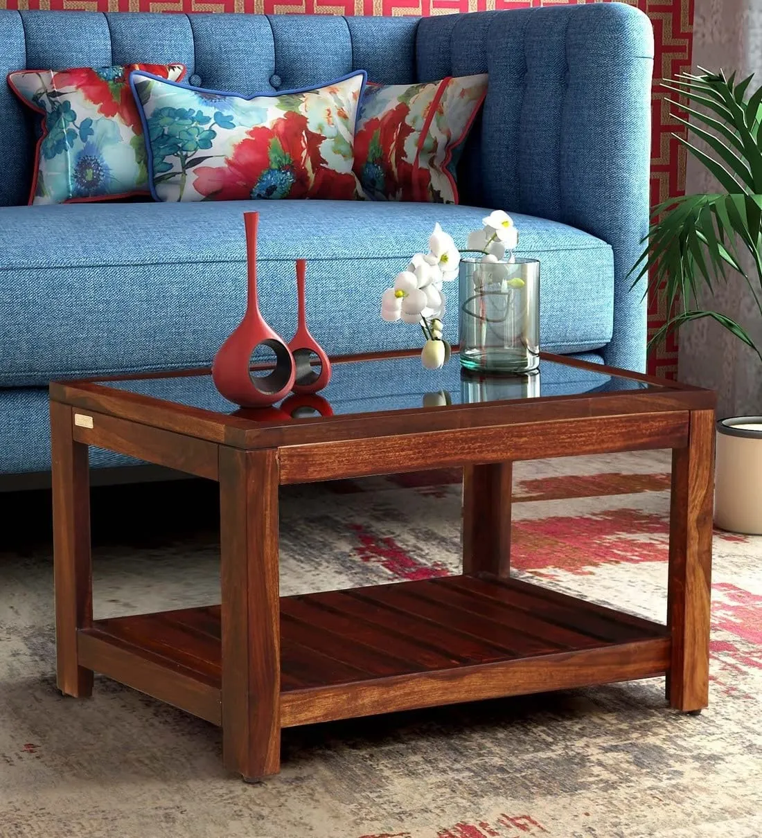 DEMIWALL Solid Sheesham Wood Rectangular Center Coffee Table for Living Room | Wooden Sofa Centre Tea Table with Glass Top & Shelf Storage for Home & Office | Rosewood, Honey Oak Finish