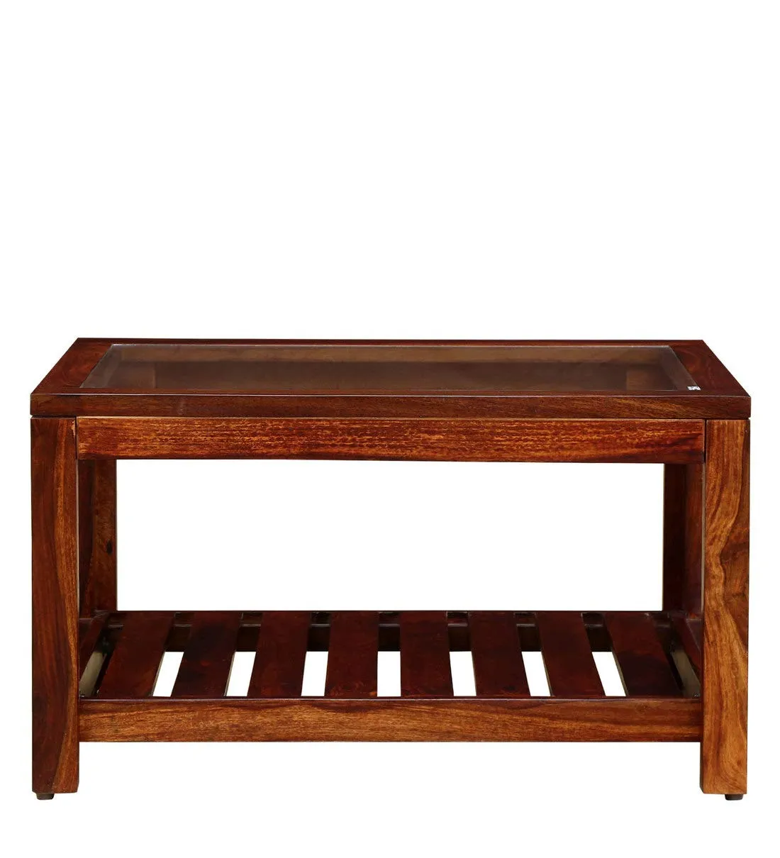 DEMIWALL Solid Sheesham Wood Rectangular Center Coffee Table for Living Room | Wooden Sofa Centre Tea Table with Glass Top & Shelf Storage for Home & Office | Rosewood, Honey Oak Finish