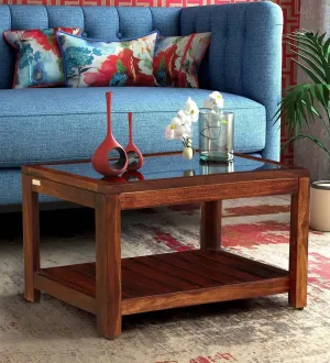 DEMIWALL Solid Sheesham Wood Rectangular Center Coffee Table for Living Room | Wooden Sofa Centre Tea Table with Glass Top & Shelf Storage for Home & Office | Rosewood, Honey Oak Finish