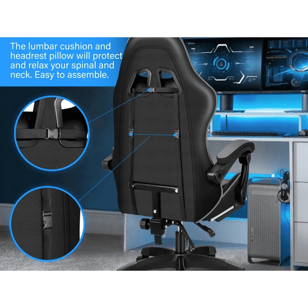 Gaming Ergonomic Chair with Footrest - Black/Grey