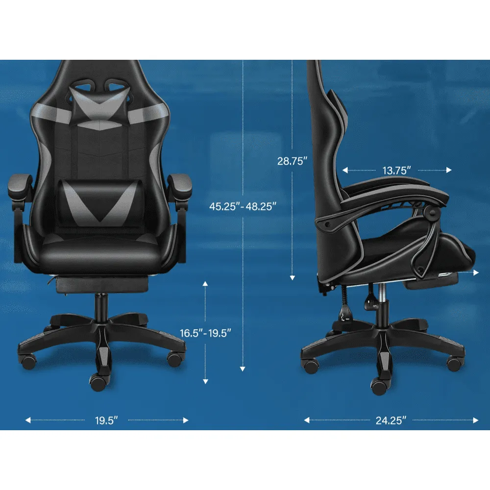 Gaming Ergonomic Chair with Footrest - Black/Grey