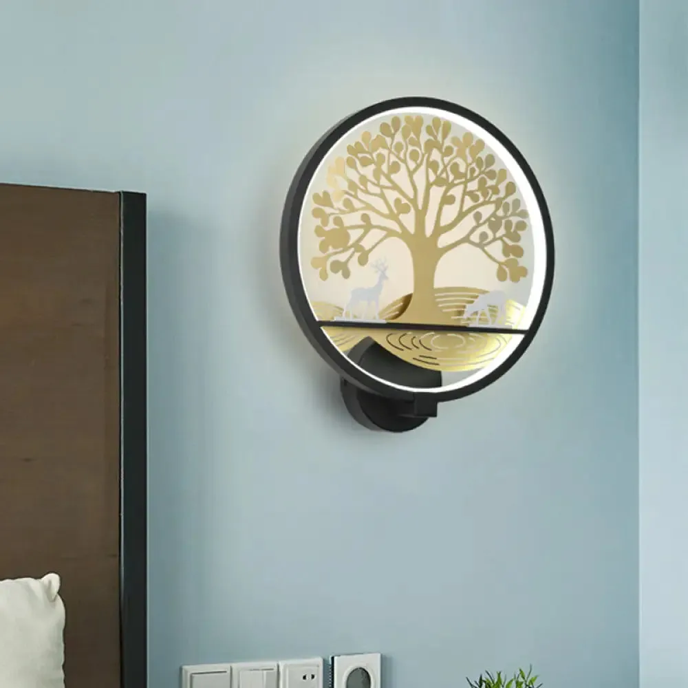 Modern LED Tree Wall Lamp-Metal Mounted, Black/White, Bedside Mural Light with Warm/White Glow