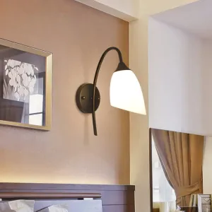 Rustic Black Gooseneck Wall Light with Milk Glass Shade - Bedroom Sconce Lamp