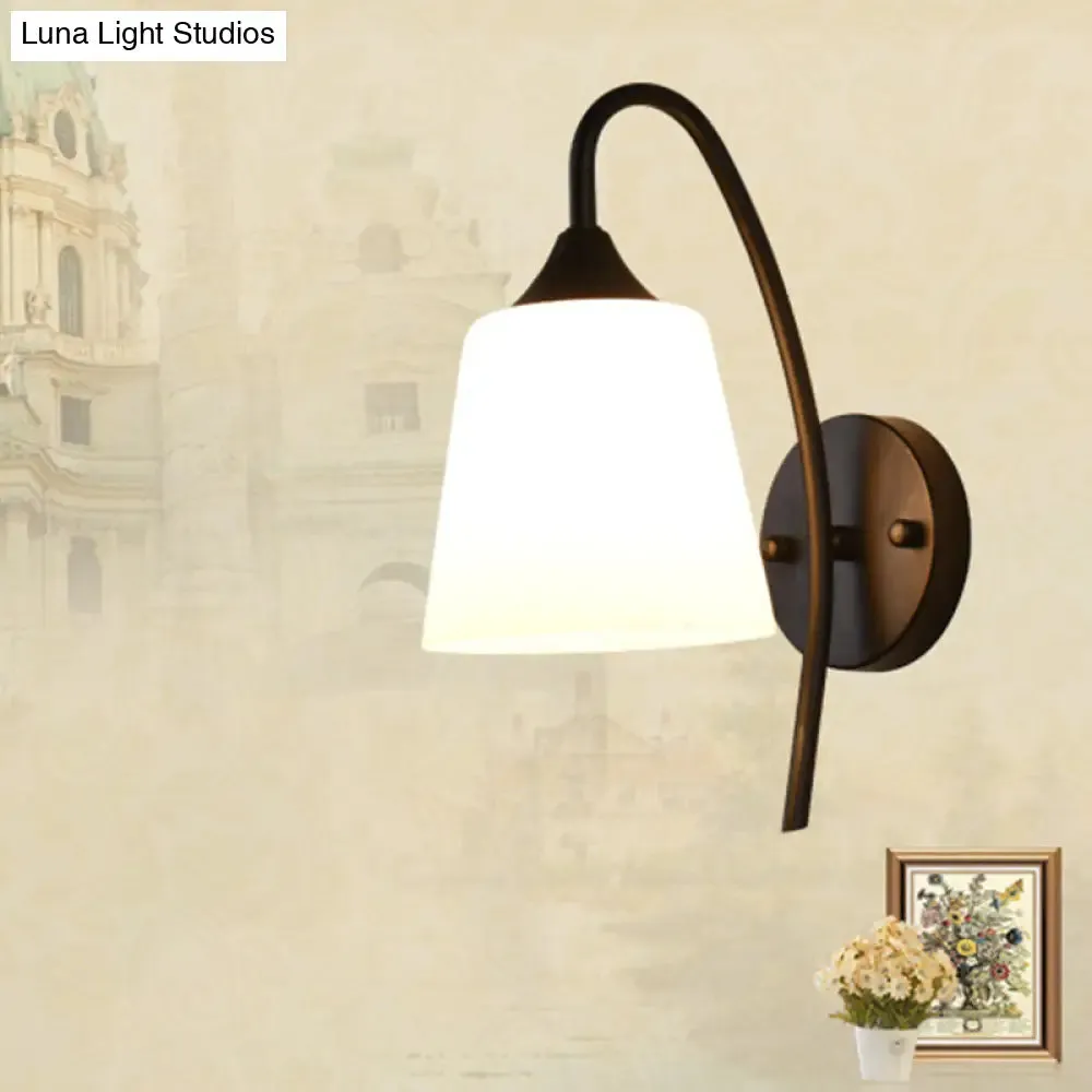 Rustic Black Gooseneck Wall Light with Milk Glass Shade - Bedroom Sconce Lamp