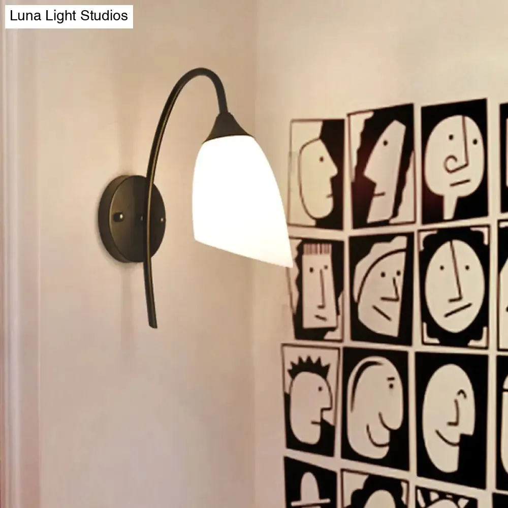 Rustic Black Gooseneck Wall Light with Milk Glass Shade - Bedroom Sconce Lamp