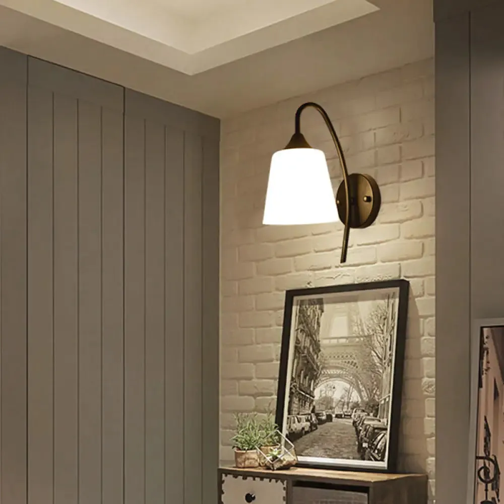 Rustic Black Gooseneck Wall Light with Milk Glass Shade - Bedroom Sconce Lamp