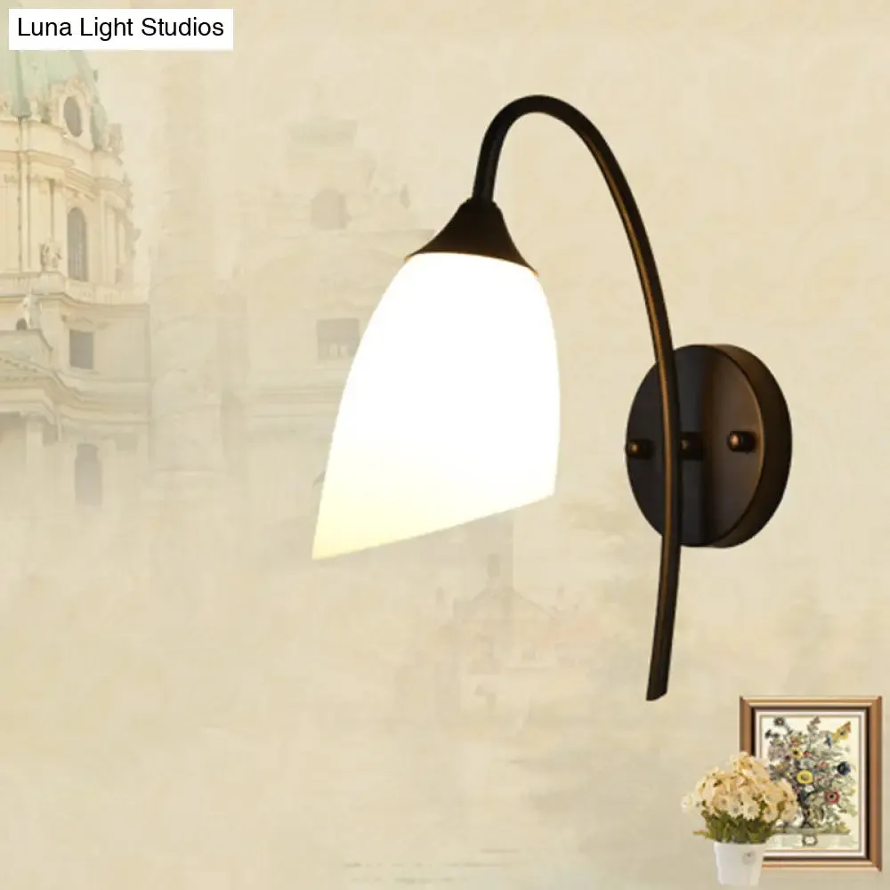 Rustic Black Gooseneck Wall Light with Milk Glass Shade - Bedroom Sconce Lamp