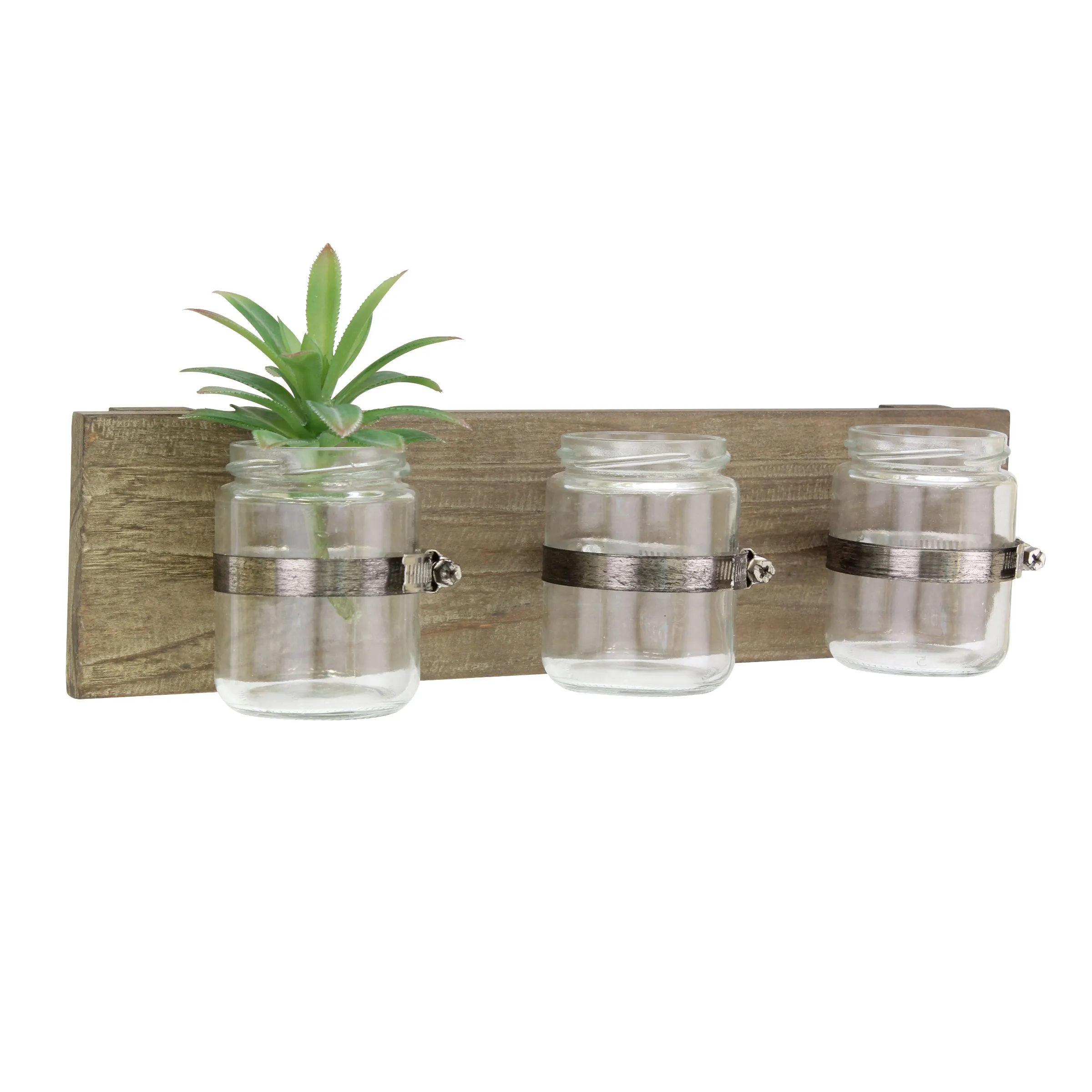 Rustic Natural Wood Hanging Wall Decor with 3 Glass Jar Containers (WS)