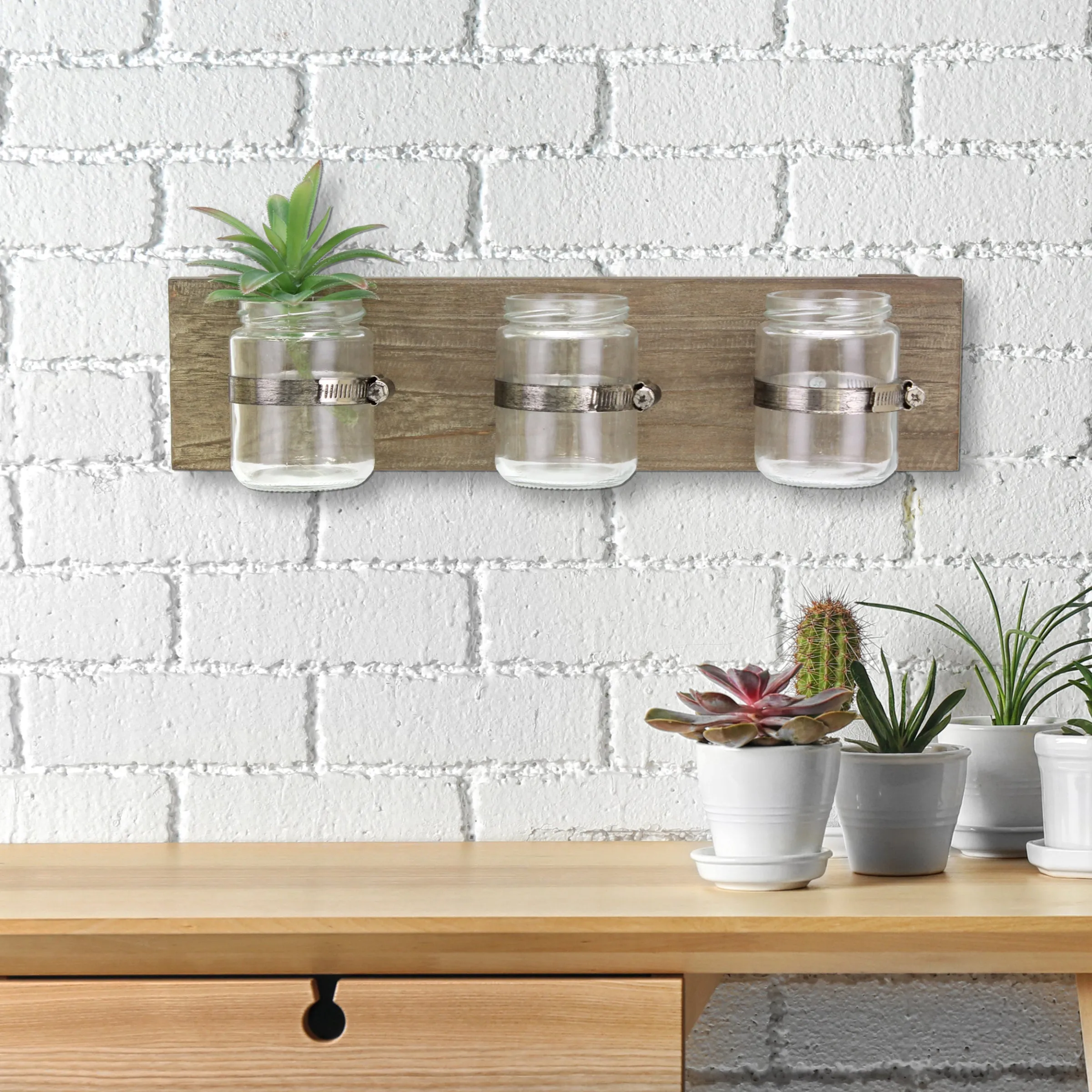 Rustic Natural Wood Hanging Wall Decor with 3 Glass Jar Containers (WS)