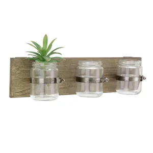 Rustic Natural Wood Hanging Wall Decor with 3 Glass Jar Containers (WS)