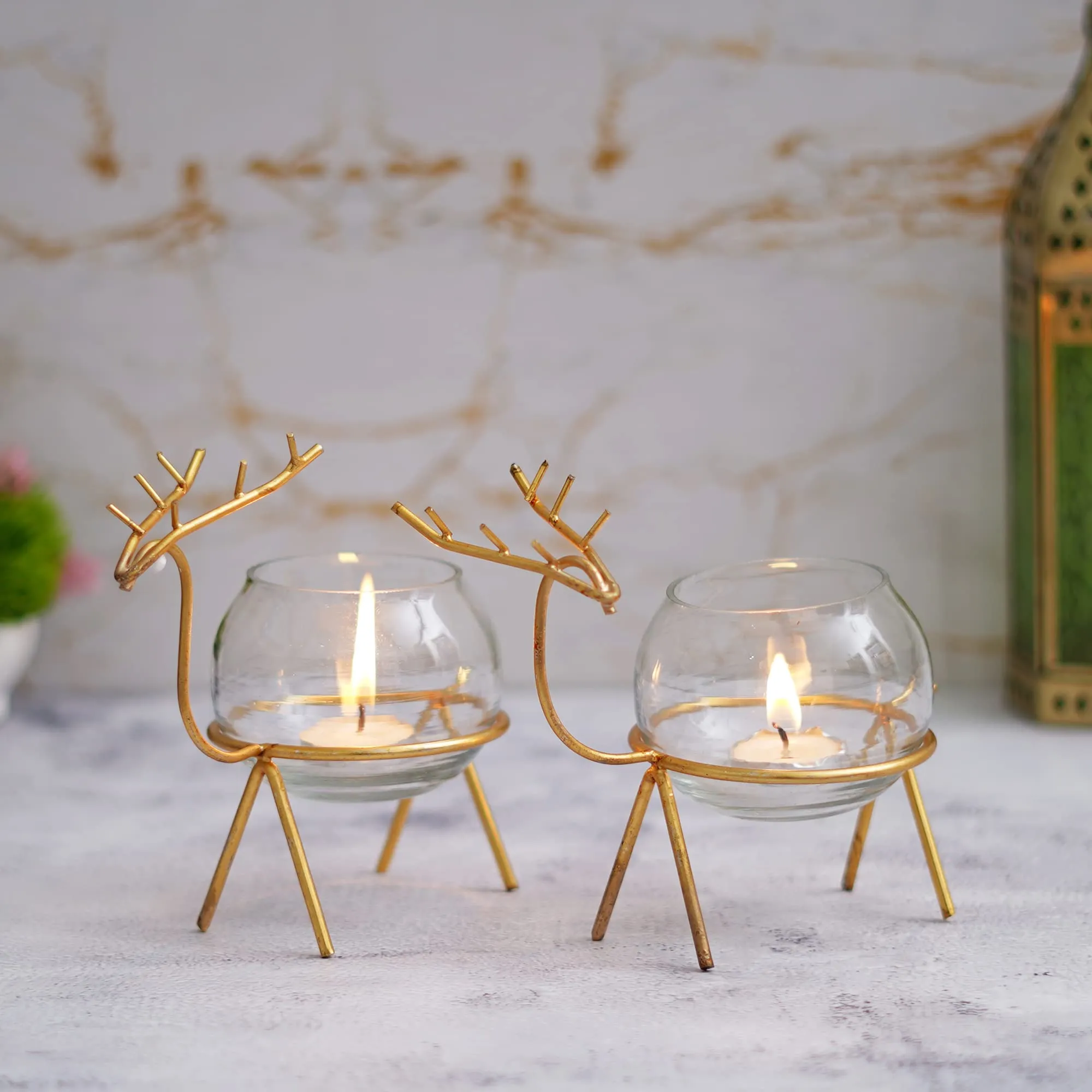 Webelkart Premium Iron Reindeer tealight Candle Holder for Home and Table Decor | Diwali tealight Holder for Home and Dining Room Decor (Gold)